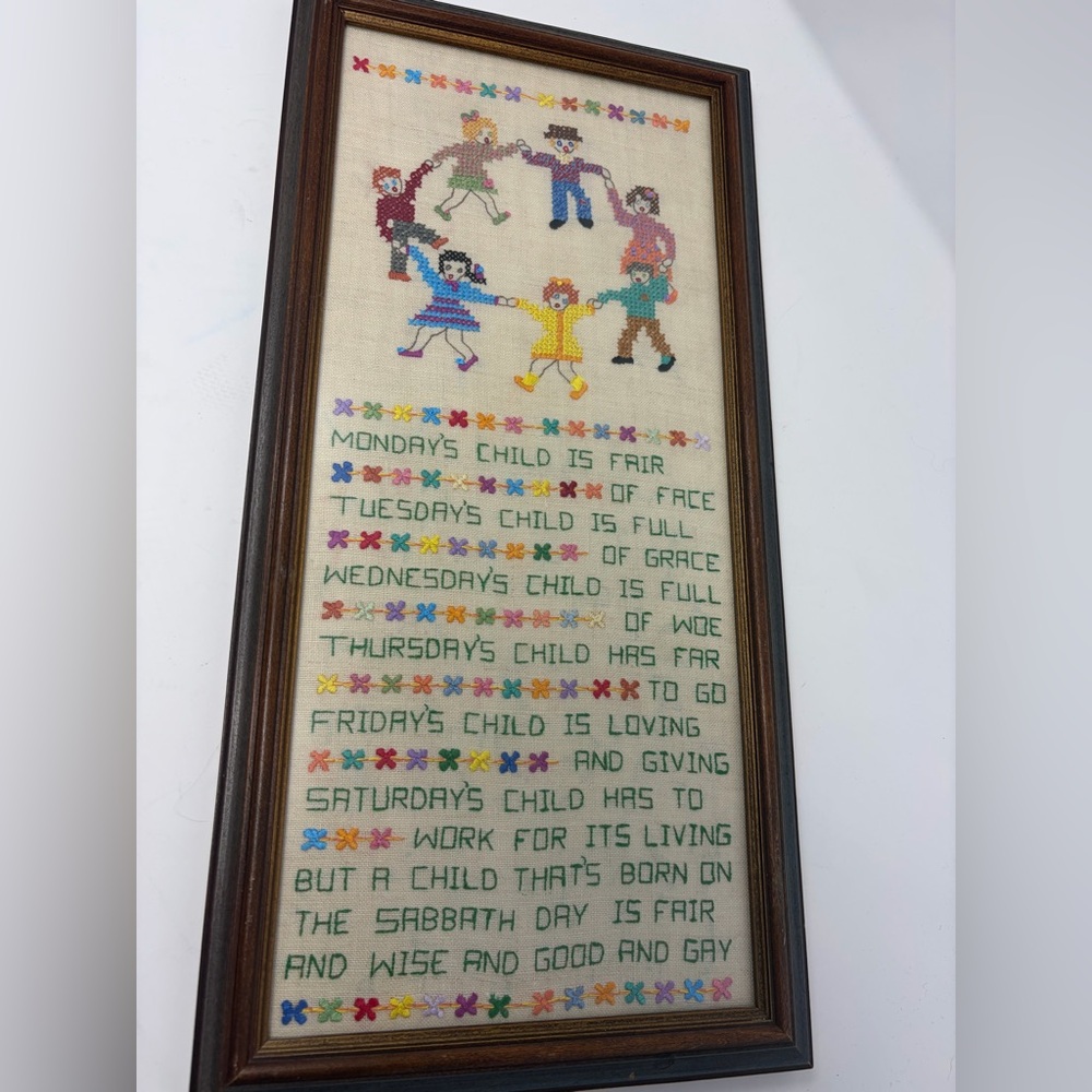 Vintage Hand-Embroidered “Monday’s Child” Nursery Sampler (1990, Framed)